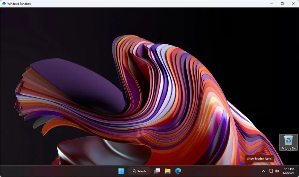Windows Sandbox client running inside a Windows desktop window