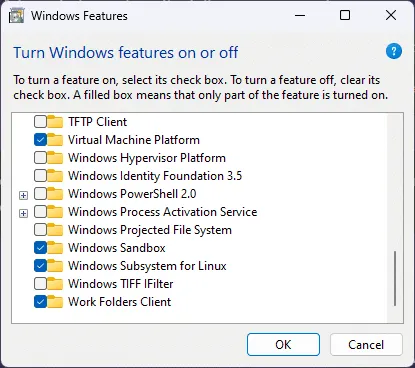 Windows Features dialog with the Windows Sandbox checkbox selected