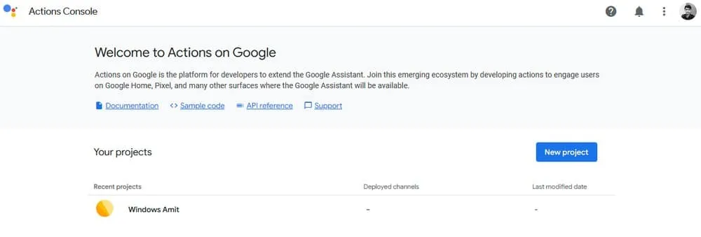 Actions on Google Console homepage for creating a project