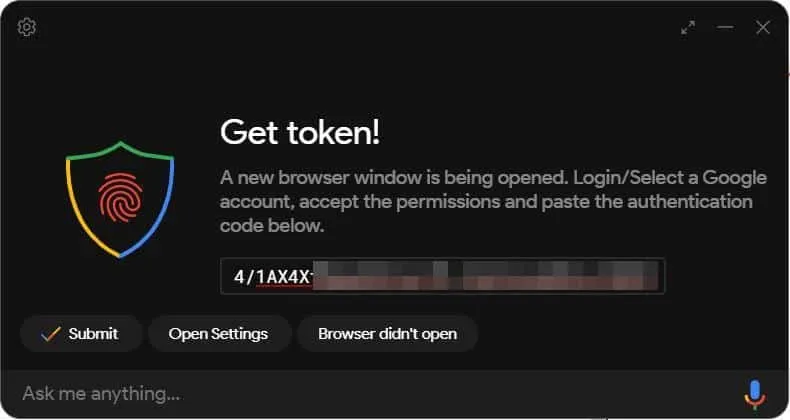 Pasting the access token into Google Assistant desktop app