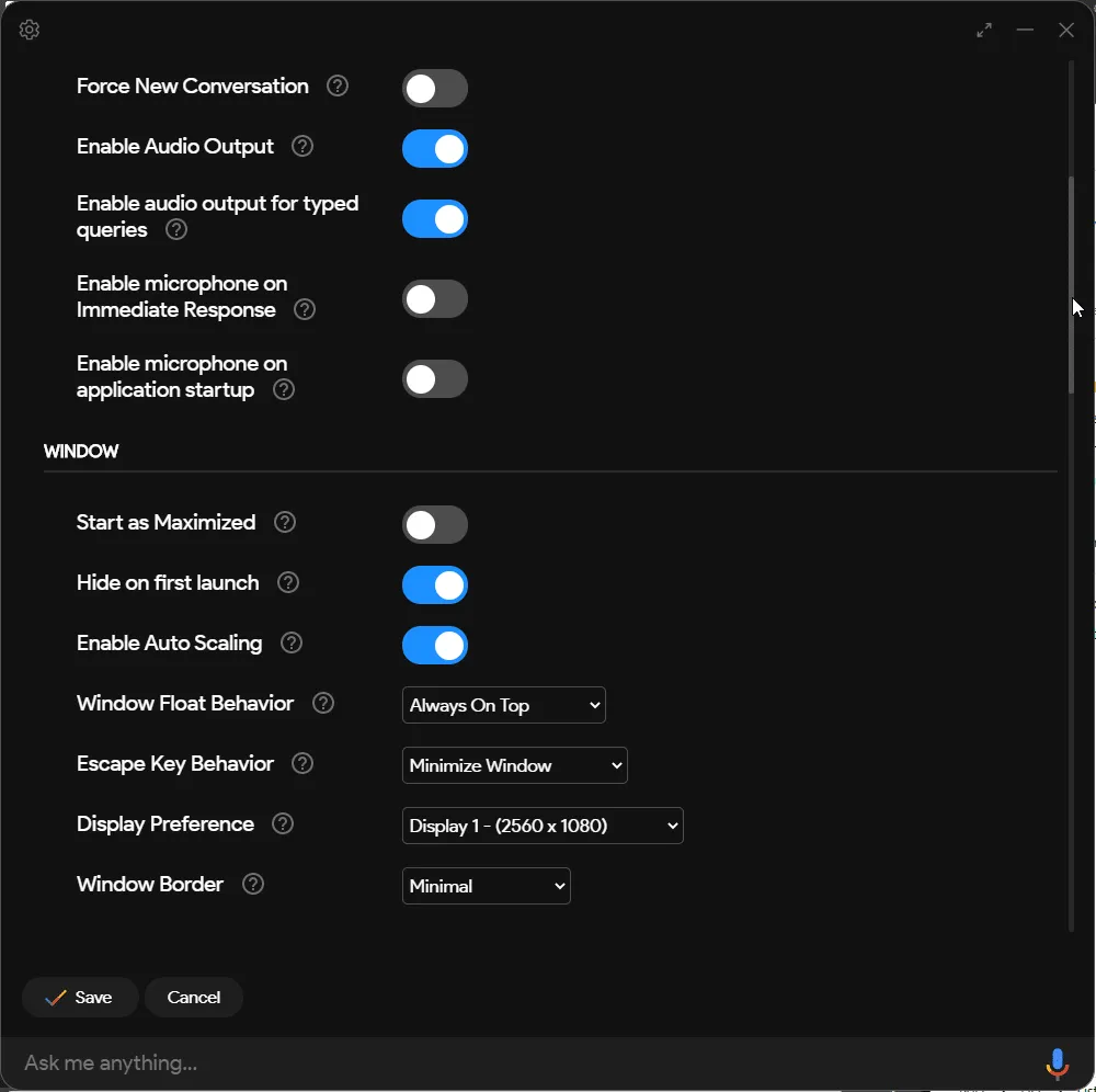 Google Assistant desktop app settings page with customization options