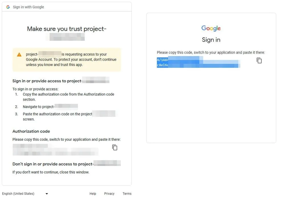 Browser page showing the Google access token code to copy