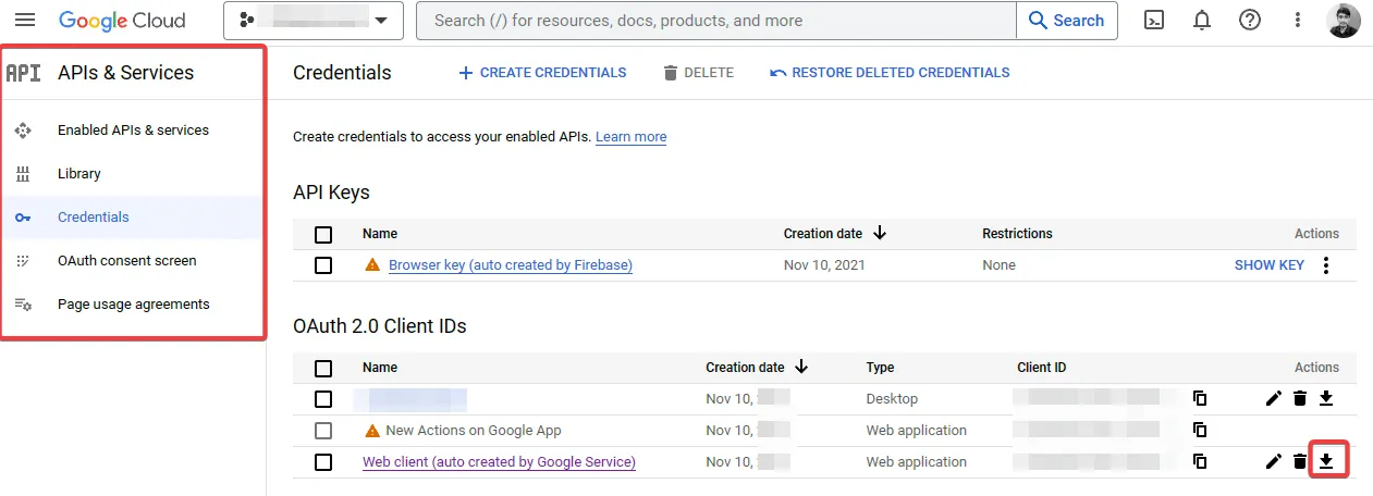 OAuth credentials download button in Google Cloud Console