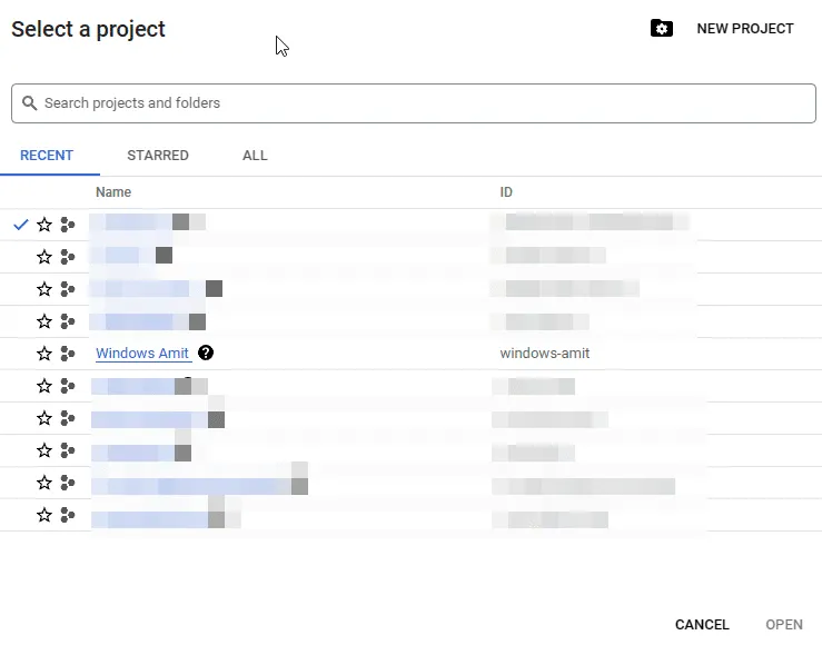 Google Cloud Console project selector dropdown