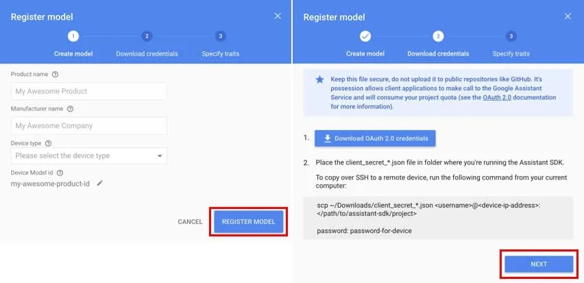 Device registration form in Actions on Google Console