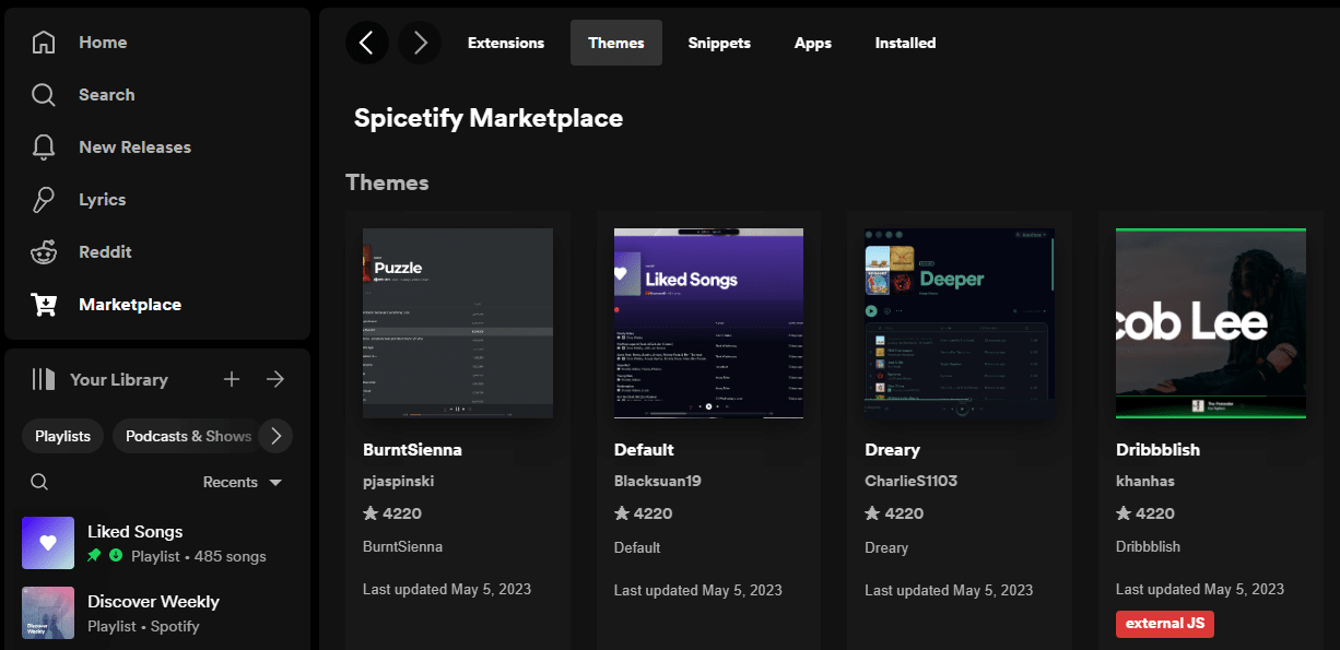 Spicetify Marketplace tab inside the Spotify desktop app