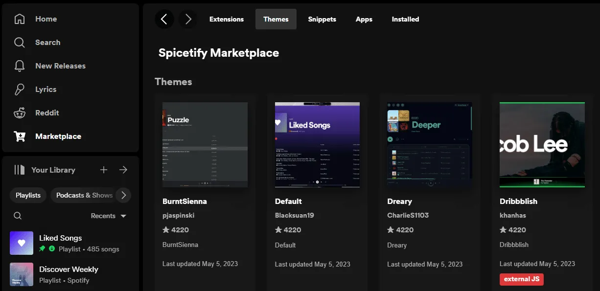 Spicetify Marketplace tab inside the Spotify desktop app