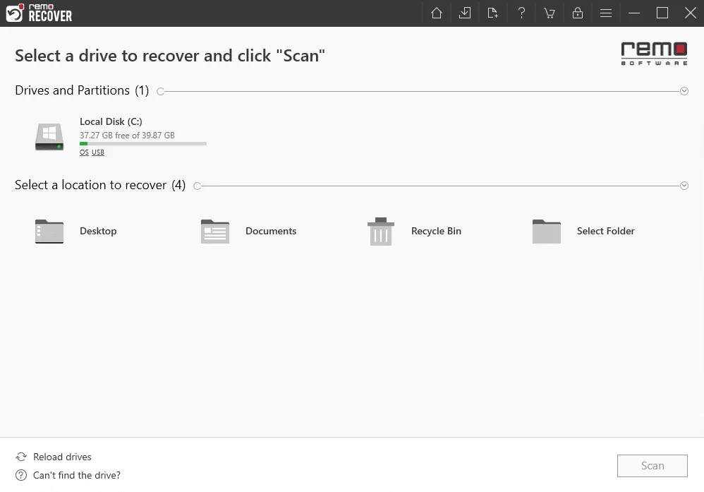Remo Photo Recovery drive selection screen