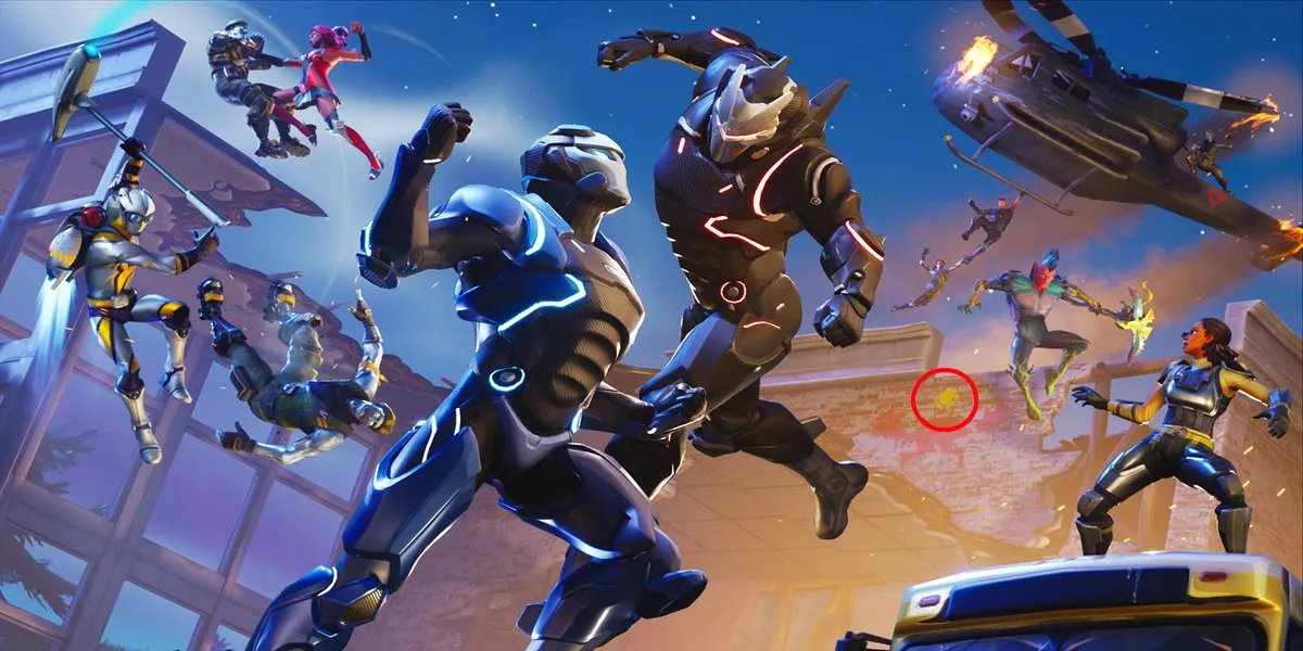 Fortnite battle royale island map with characters and weapons