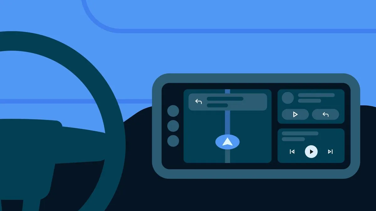 Android Auto Coolwalk screen showing navigation, media and shortcuts