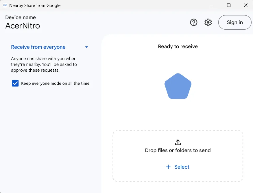 Nearby Share Windows app with send and receive buttons