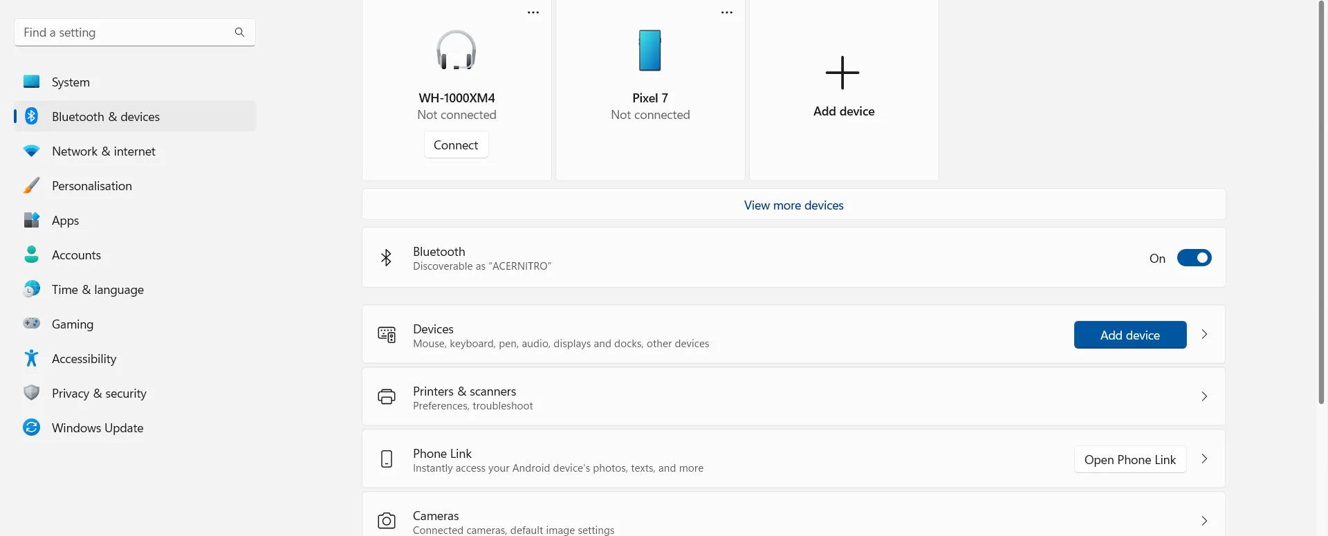 Windows Bluetooth settings panel with paired devices list