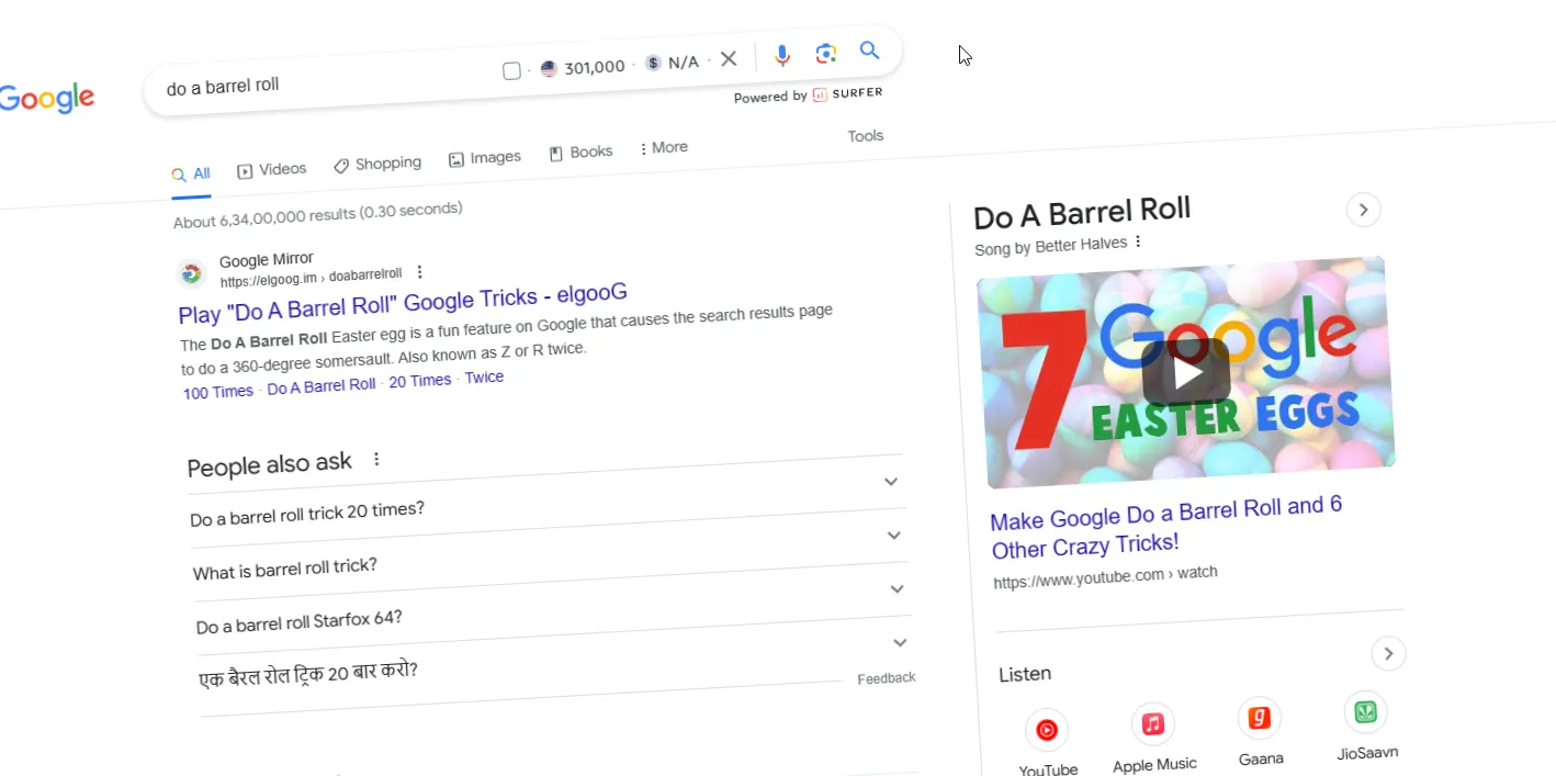Google search page rotating 360 degrees for barrel roll