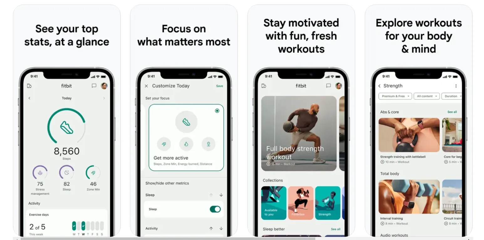 Fitbit app dashboard with step count, distance, and health stats