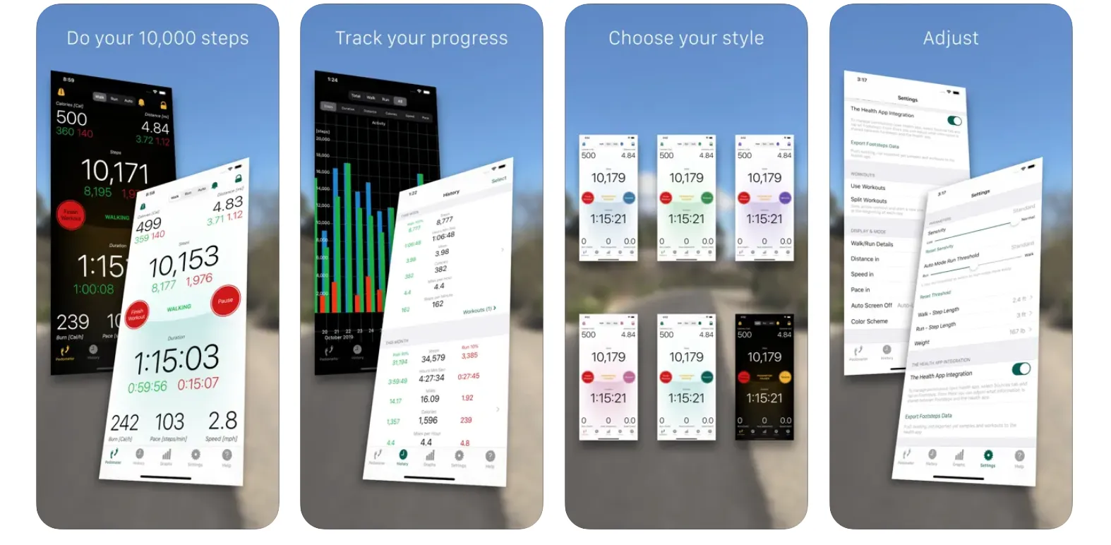 Footsteps pedometer app with step history and workout metrics