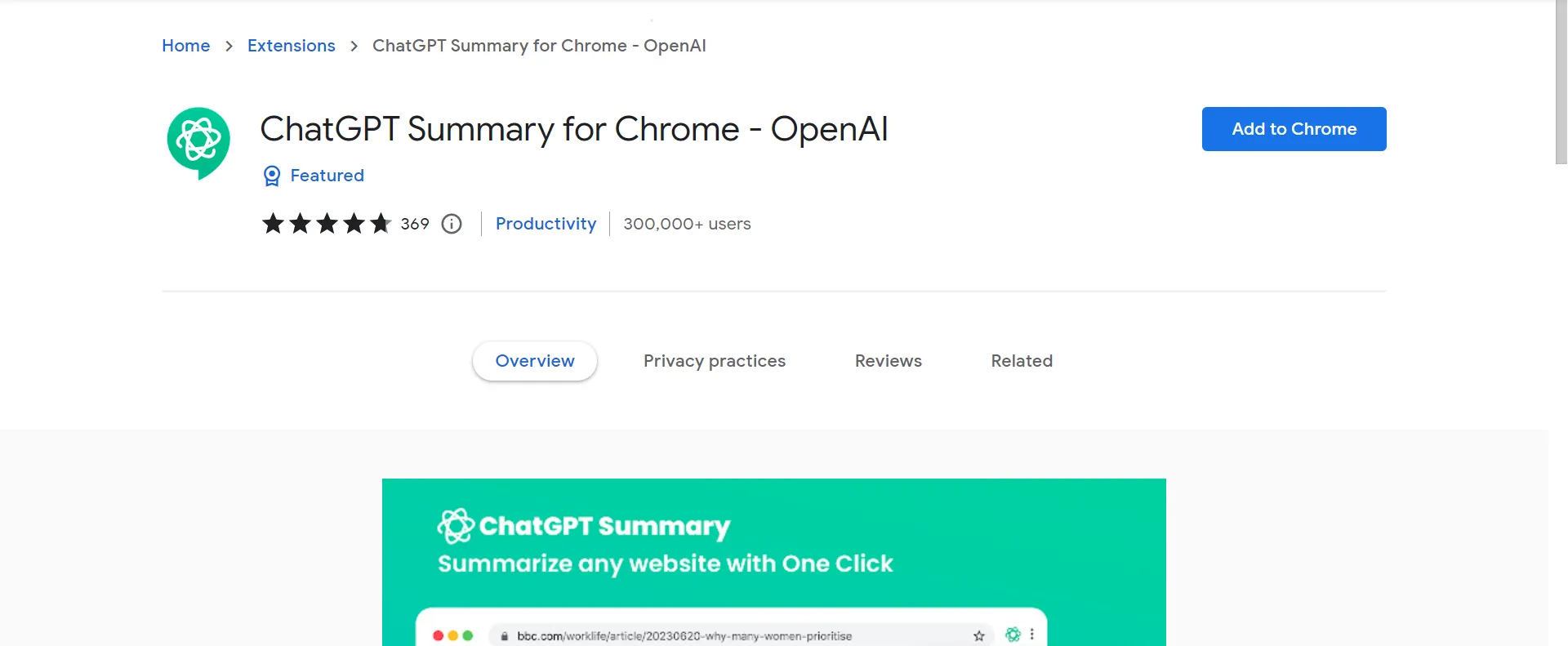 Summary with ChatGPT extension showing a bullet point article summary