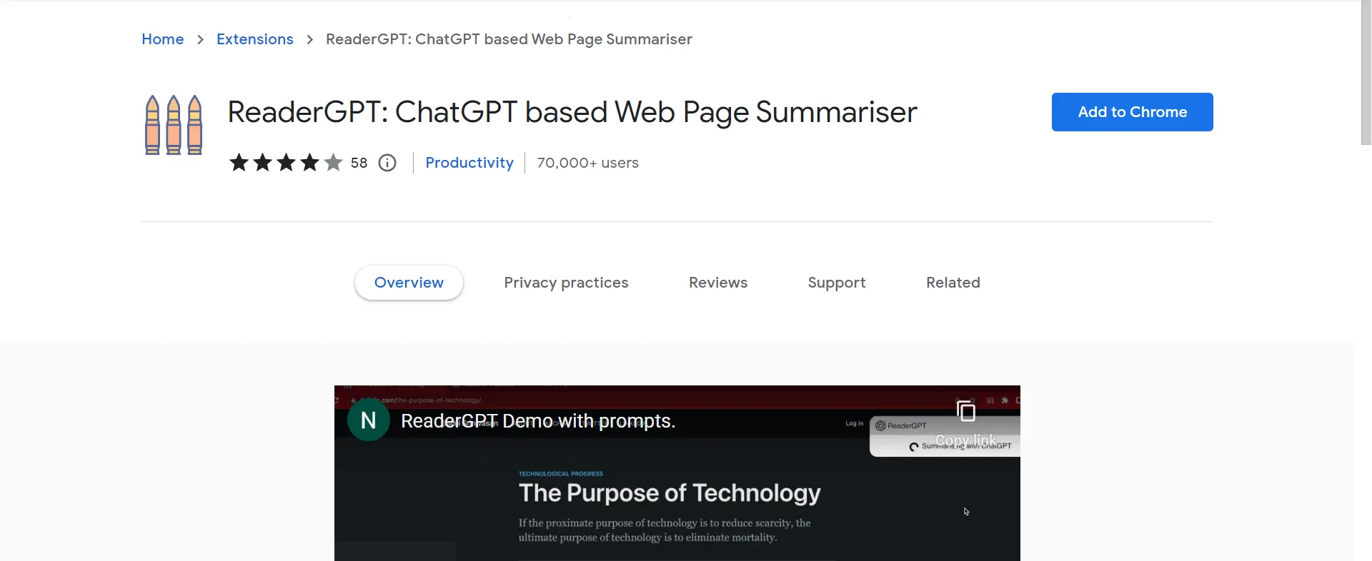 ReaderGPT summarizing a long web article into key points