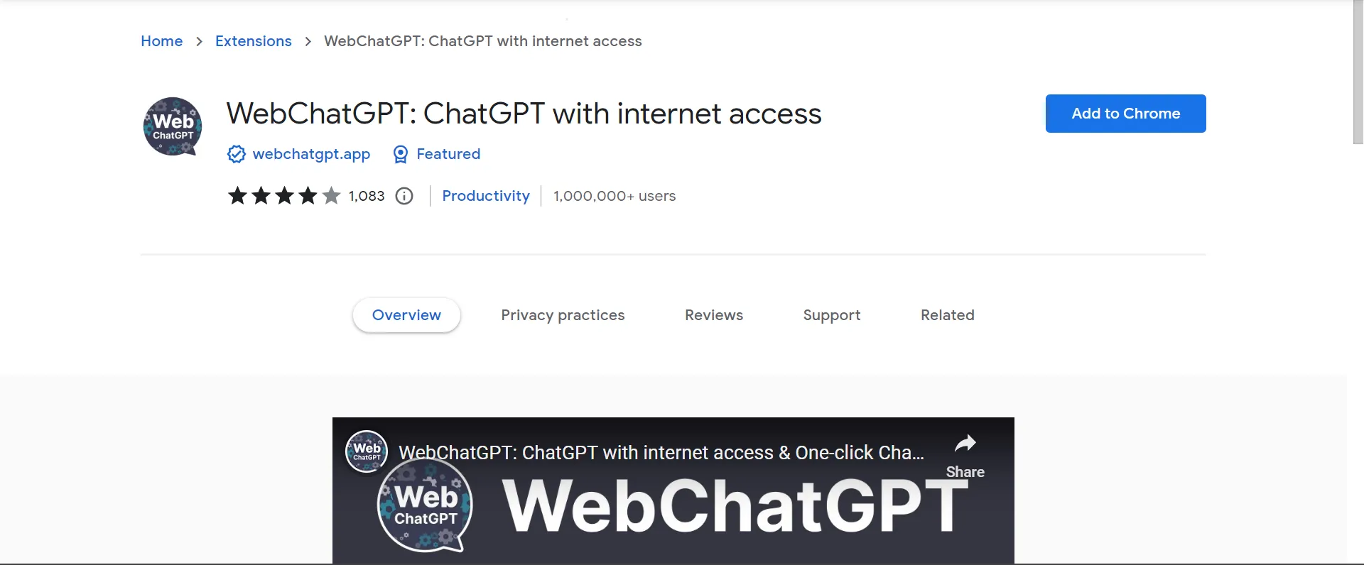 WebChatGPT extension adding web results to ChatGPT prompts