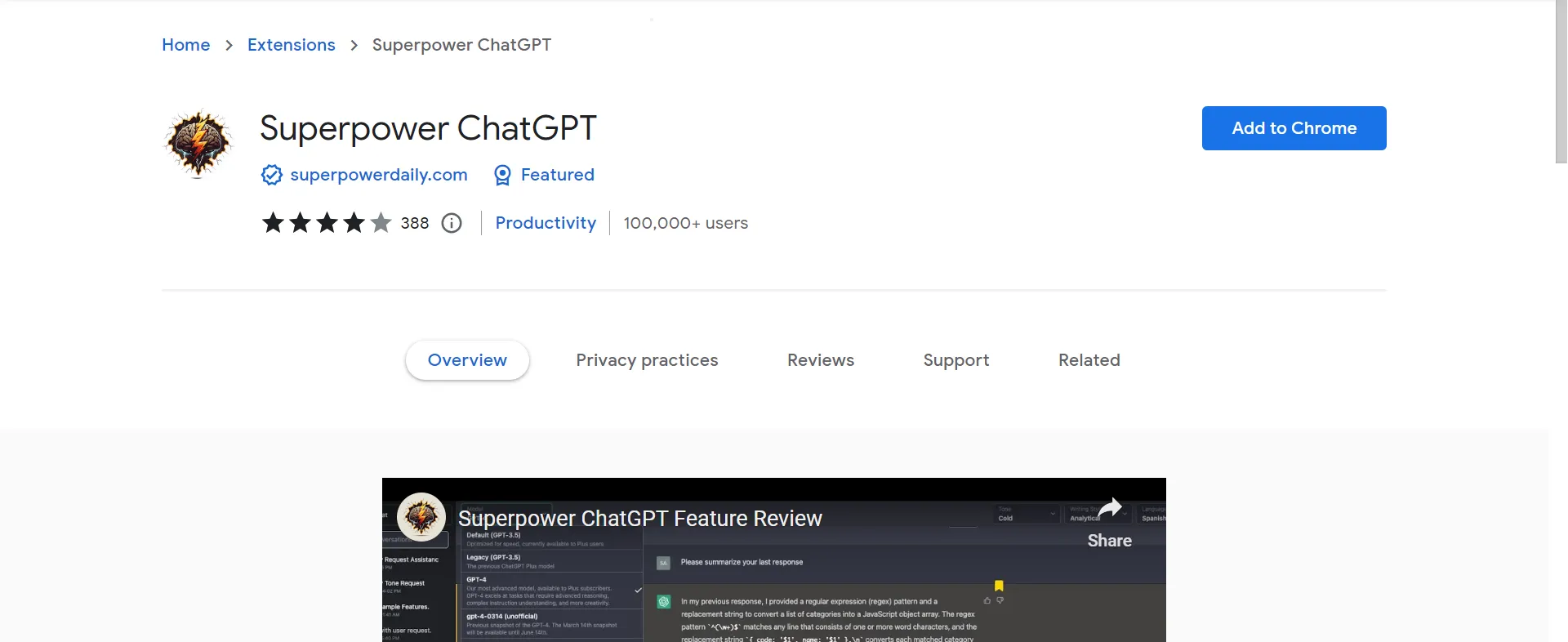 Superpower ChatGPT showing prompt library and chat management features