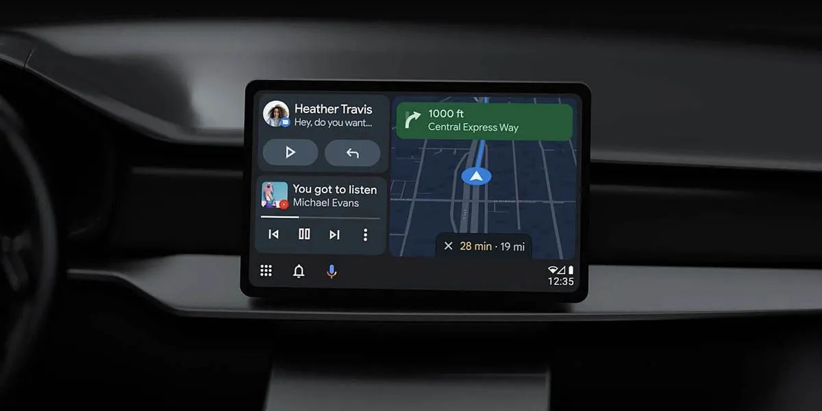 Android Auto interface in car with Coolwalk split-screen dashboard