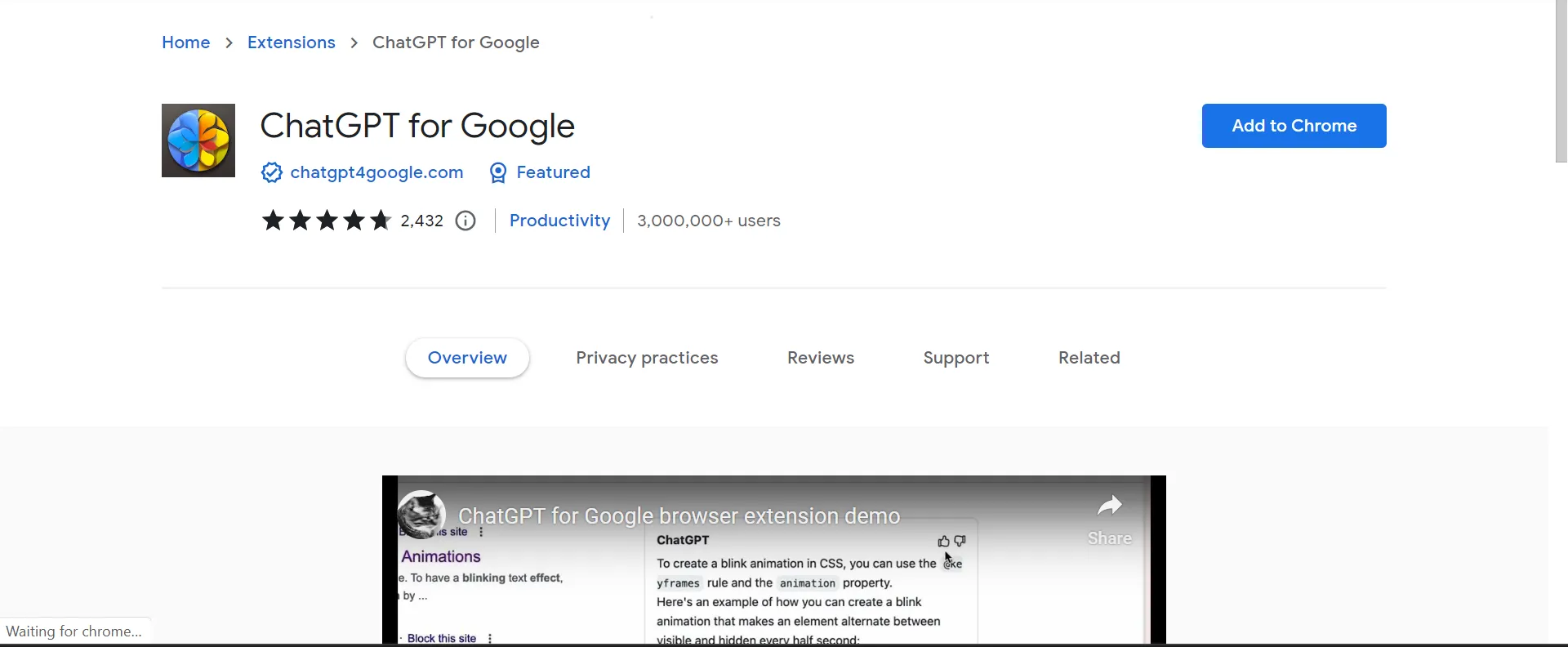 ChatGPT for Google showing AI response alongside search results