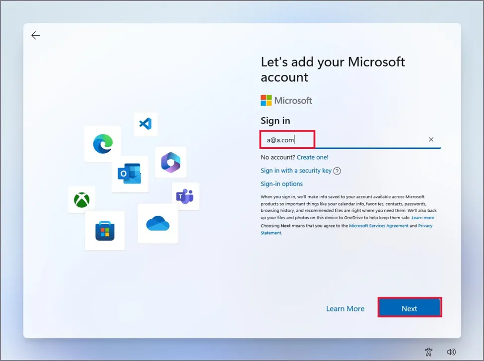 Windows 11 setup screen showing the sign-in email field