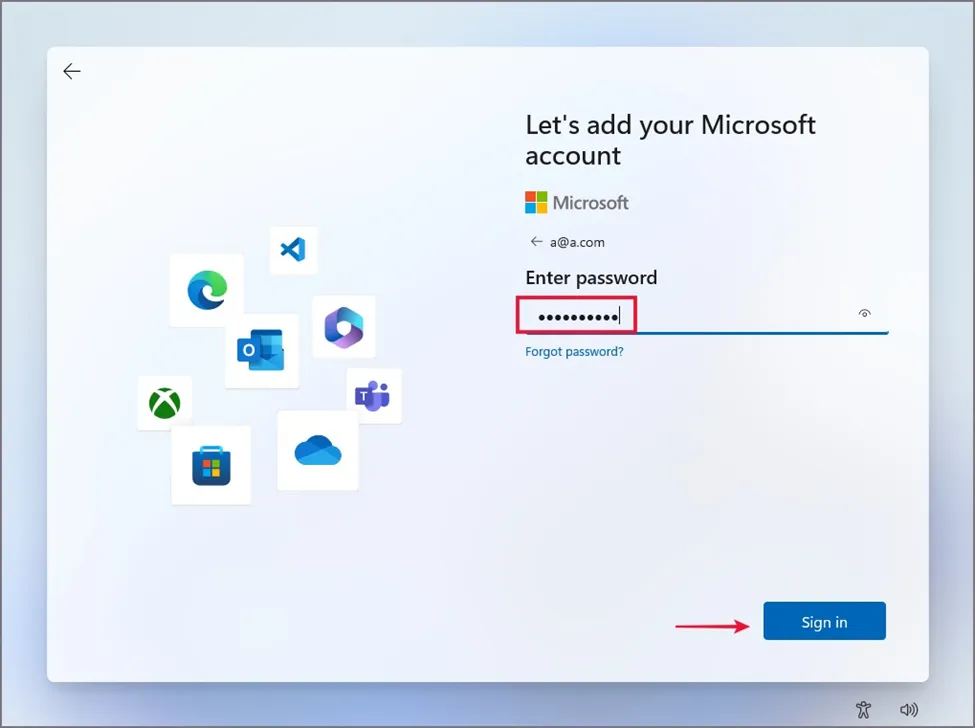 Windows 11 setup password field with a fake password entered