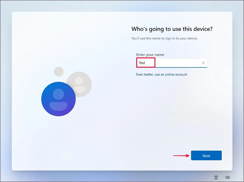 Local account setup wizard asking for computer name and password
