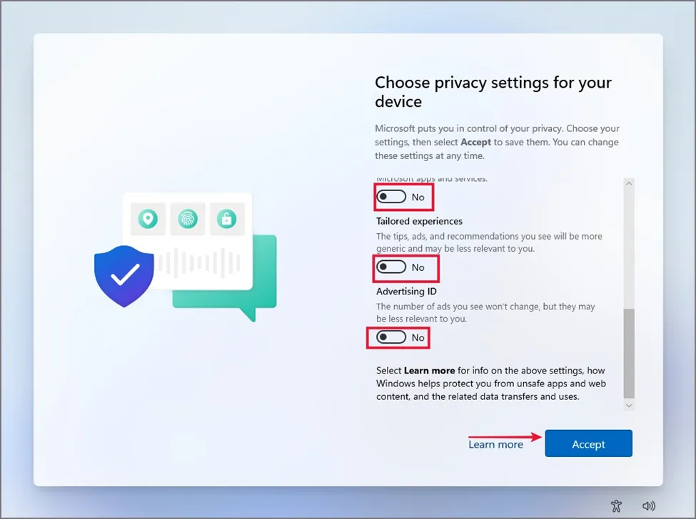 Security questions selection screen during Windows 11 local account setup