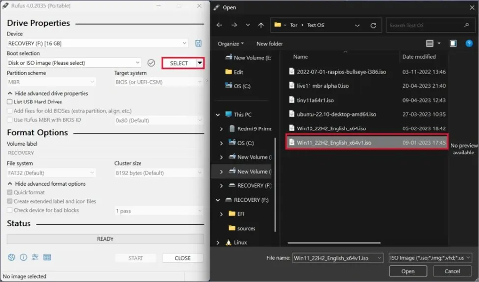 Rufus window with Windows 11 ISO file selected for bootable USB