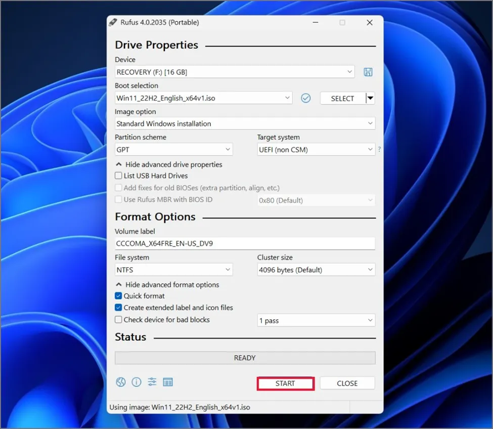 Rufus Start button to begin creating bootable USB drive
