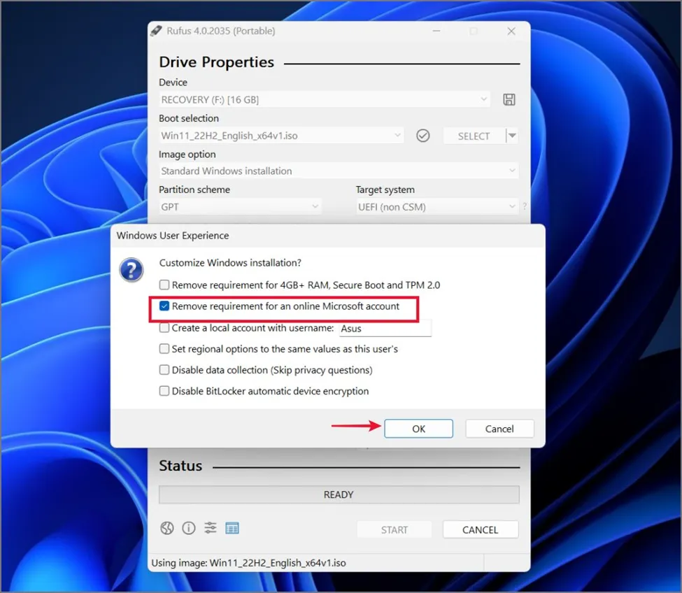 Rufus checkbox to disable Microsoft online account requirement