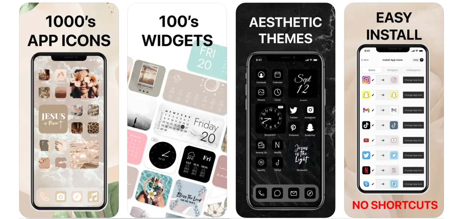 ScreenKit app showing custom icon themes and widget layouts