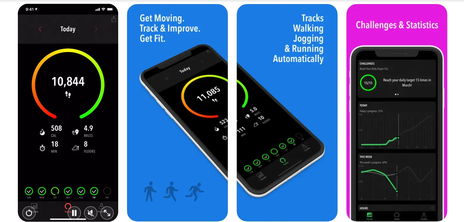 ActivityTracker pedometer app showing daily step count and goals