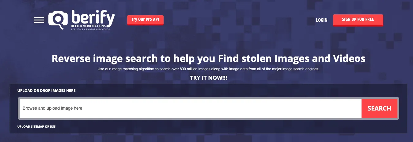 Berify reverse image search dashboard with upload and results