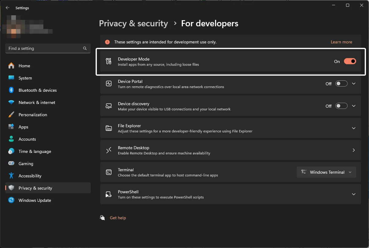 Developer Mode enabled in Windows Privacy and security settings