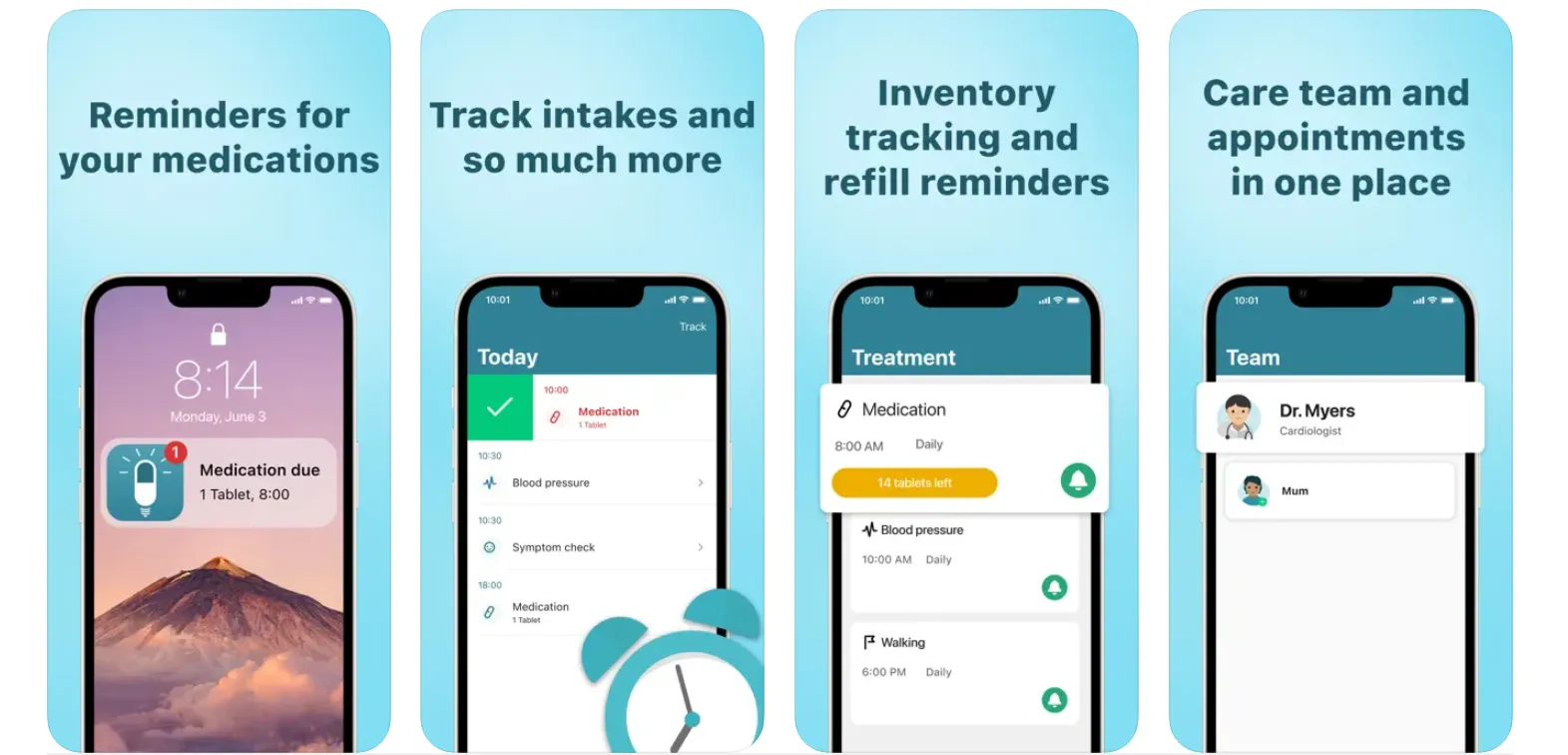 MyTherapy medication reminder and health journal app interface