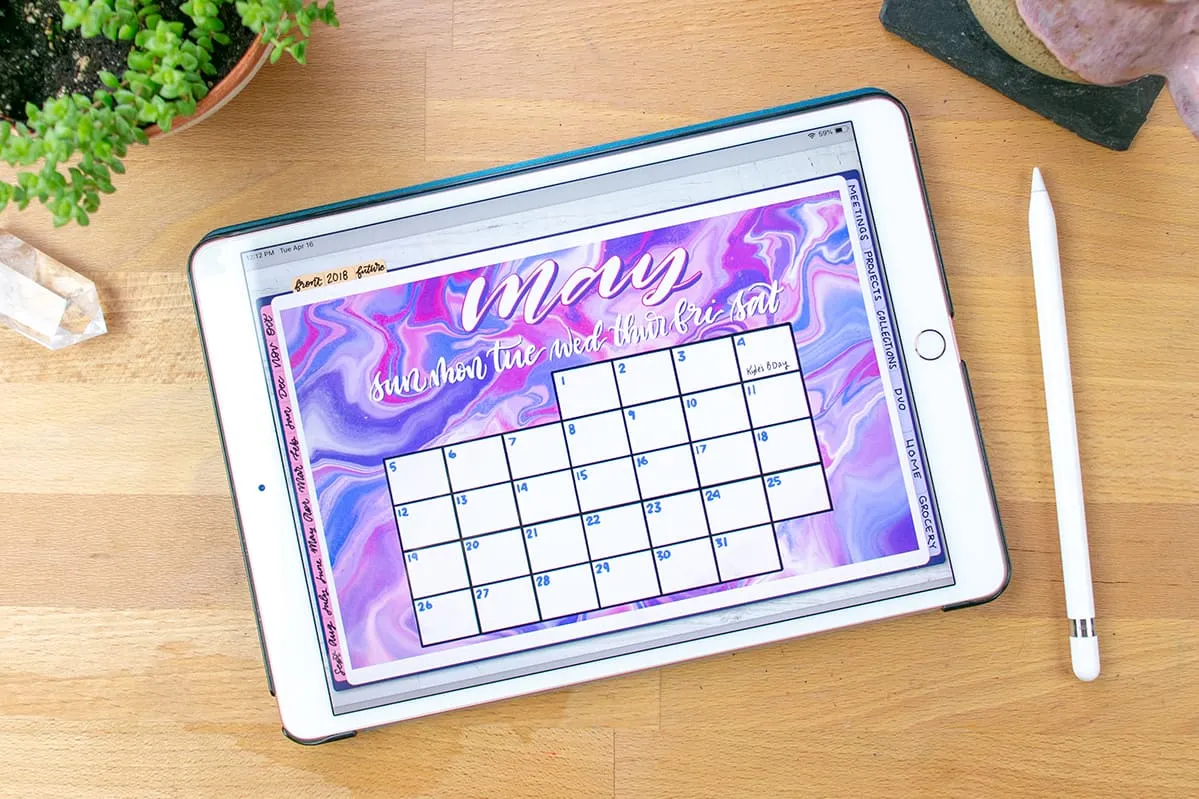 iPad with a digital bullet journal open in a note-taking app