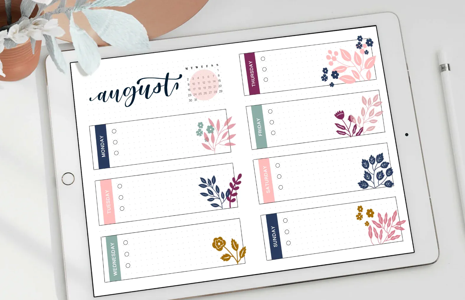 Digital bullet journal layout options shown on a tablet screen