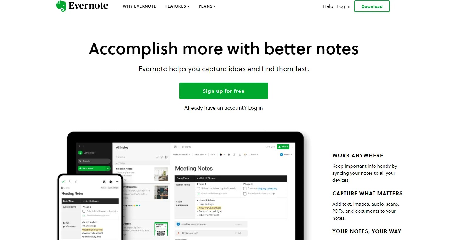 Evernote note list with tags, notebooks, and search bar