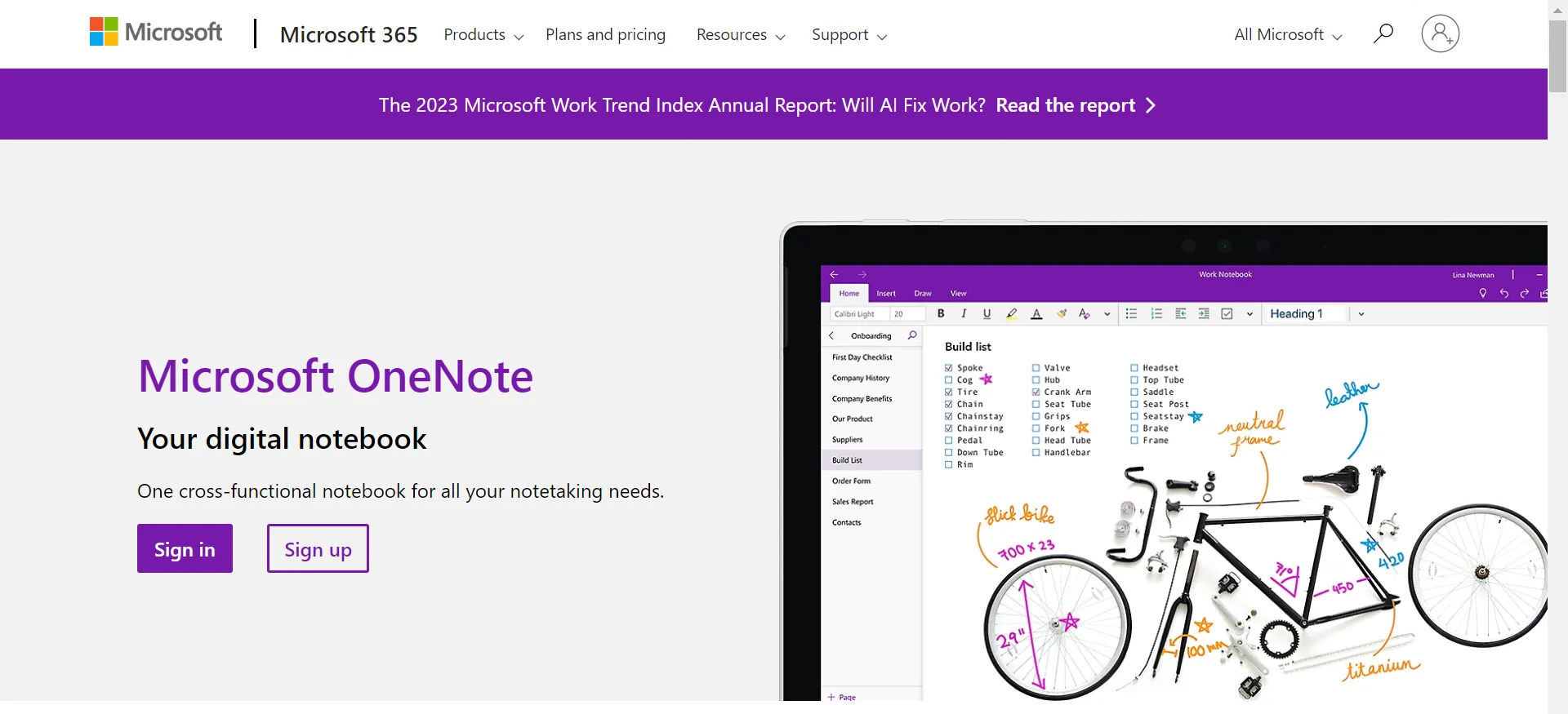 Microsoft OneNote notebook with sections, pages, and handwritten notes