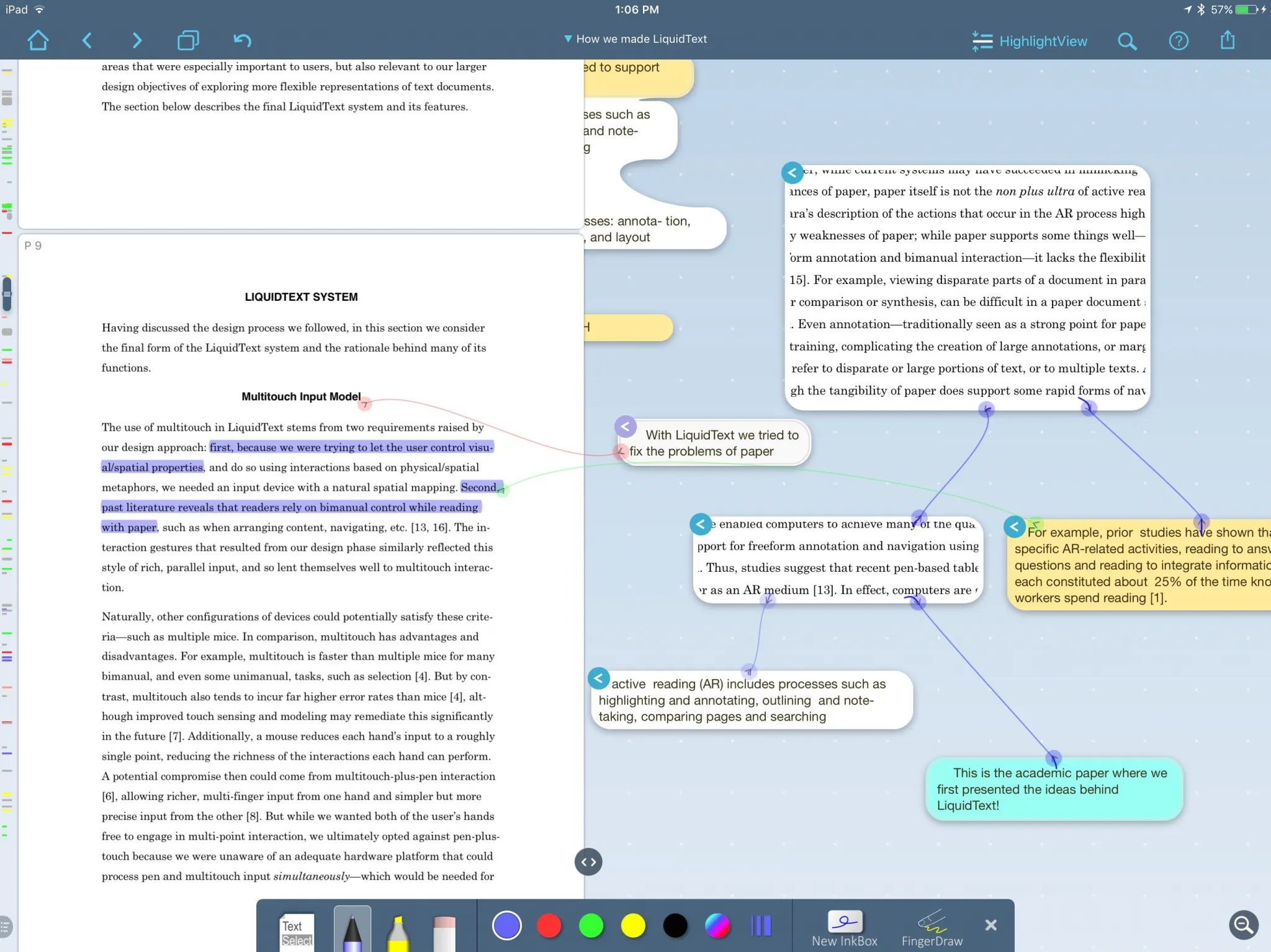 LiquidText workspace with PDF annotations and linked excerpts