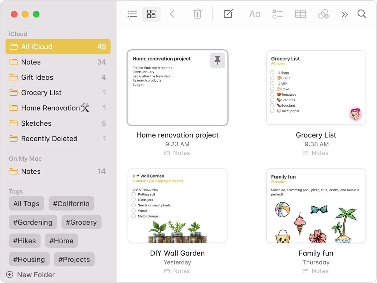 Apple Notes app on Mac with folder sidebar and checklist note