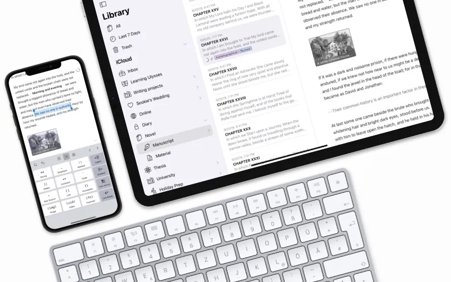 Ulysses writing app with full-screen focus mode and library