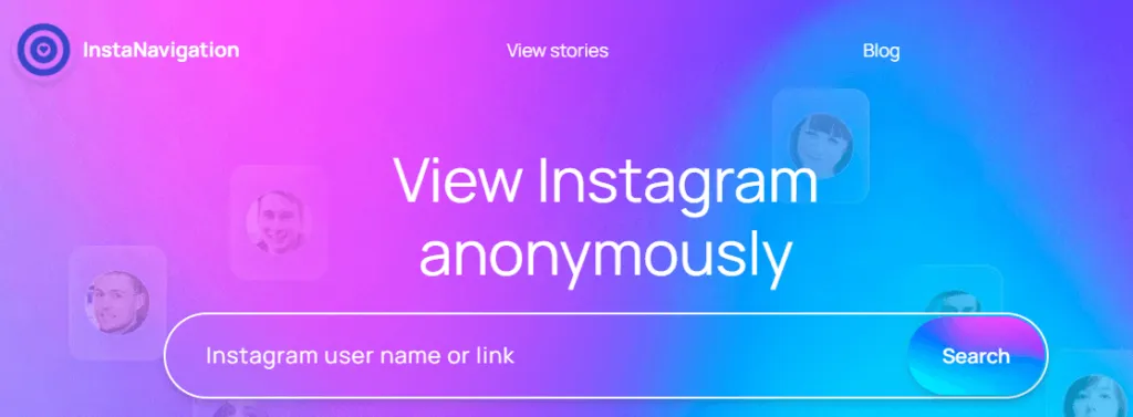 InstaNavigation website showing profile stats and story viewer
