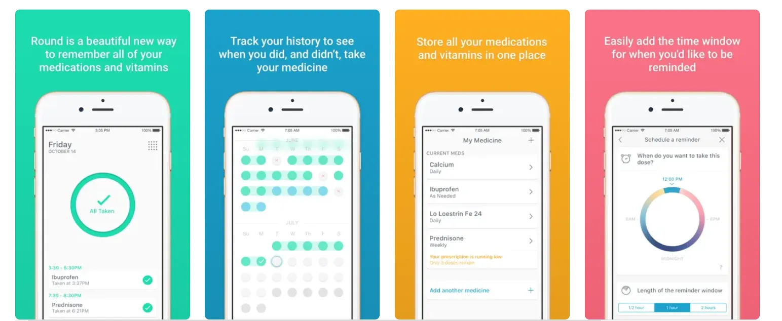 Round Health app showing medication adherence tracking and reminders