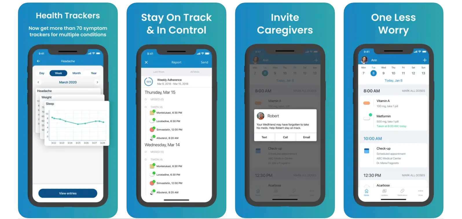 Medisafe app dashboard with medication schedule and reminders