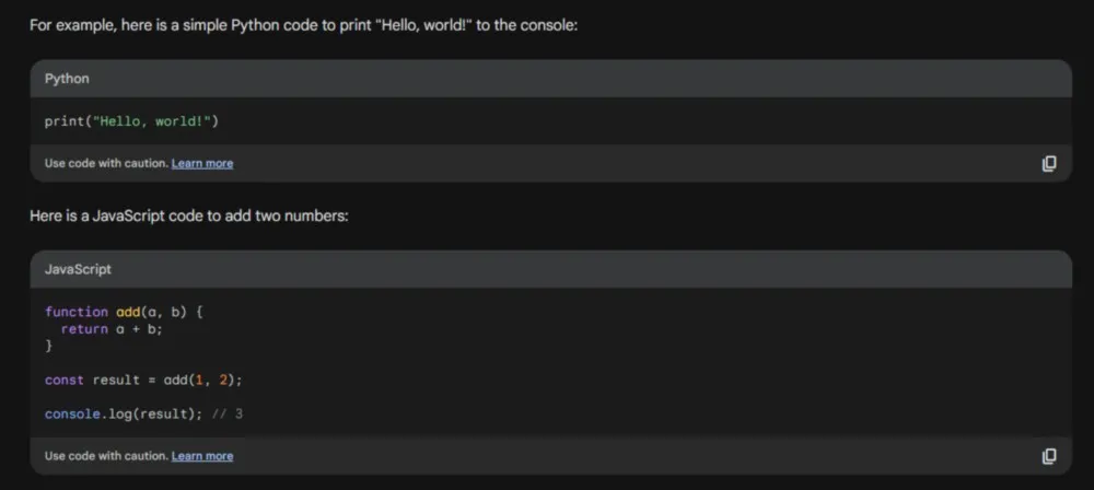 Bard generating Python code in the chat window