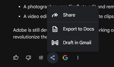 Bard export options showing Word, PDF, and Google Docs formats