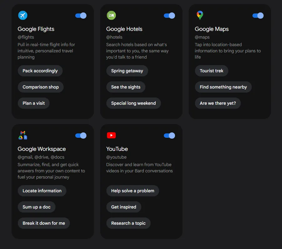 Bard extensions panel connecting to Google Docs, Sheets, and Maps